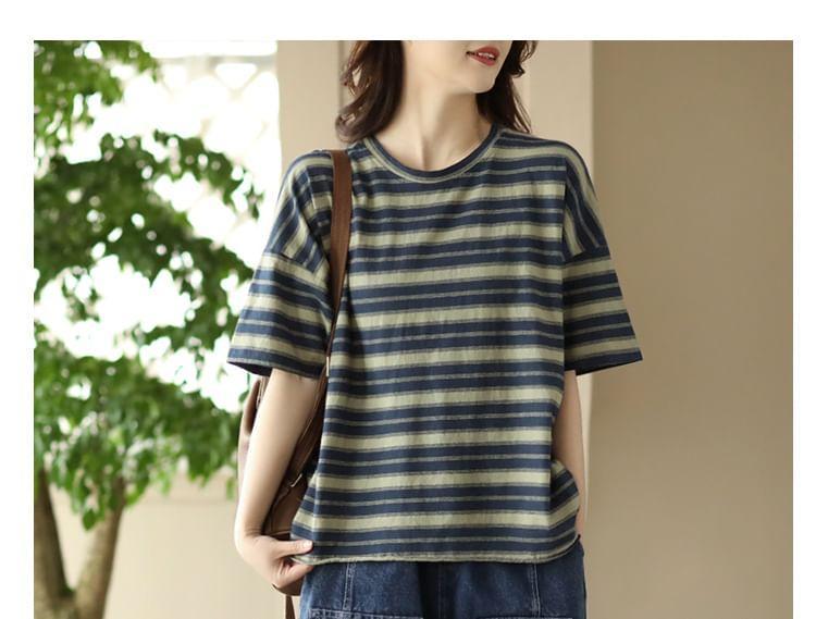 Elbow-Sleeve Crew Neck Striped T-Shirt Product Image