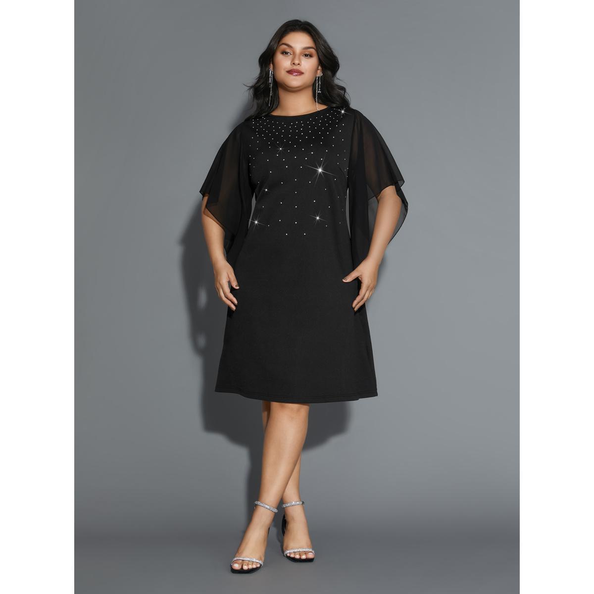 Plus Size Rhinestone Ruffle Sleeve Mesh Patchwork Dress Pureblack Women Party&Cocktail Rhinestone detailing Party Curvy Bloomchic 18-20/2X Product Image