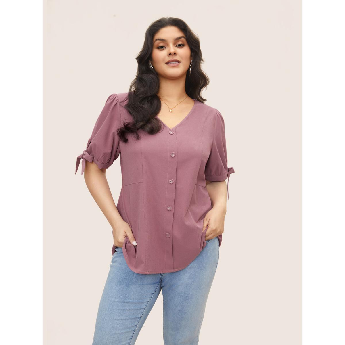 Plus Size RedViolet Stretchy Woven Tie Knot Button Detail Blouse Women Casual Half Sleeve V-neck Everyday Blouses BloomChic 18-20/2X Product Image