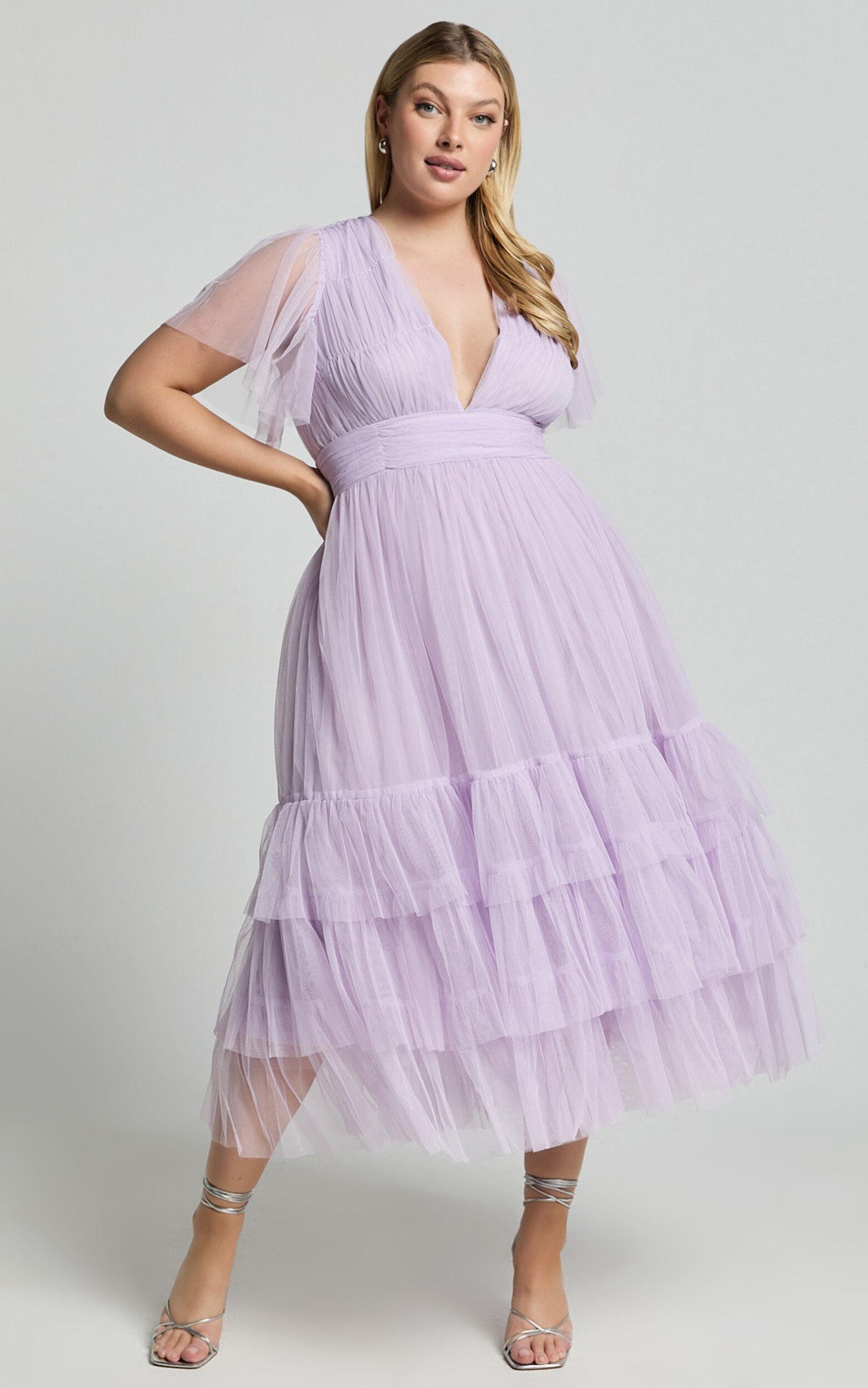 Jiraye Midi Dress - Flutter Sleeve Tuelle Plunge Dress in Lilac Product Image