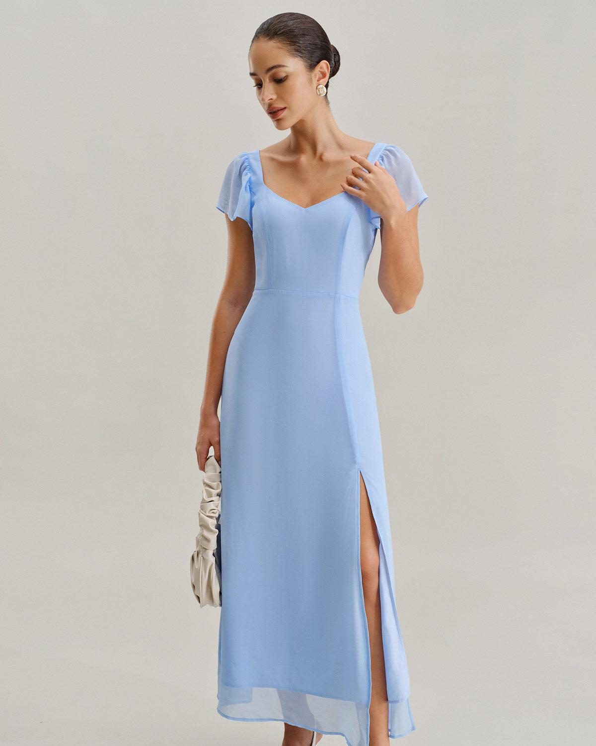 Blue Sweetheart Neck Chiffon Maxi Dress Product Image