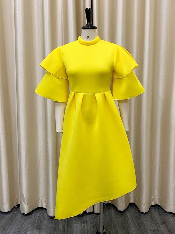 Original Loose Half Sleeves Falbala Solid Color Round-Neck Midi Dresses Product Image