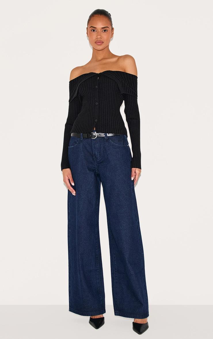 Black Rib Knit Fold Over Button Up Top Product Image