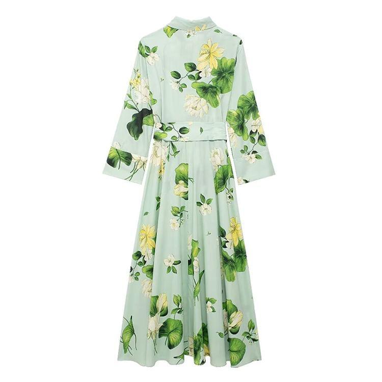 Long-Sleeve Print Maxi A-Line Shirt Dress Product Image