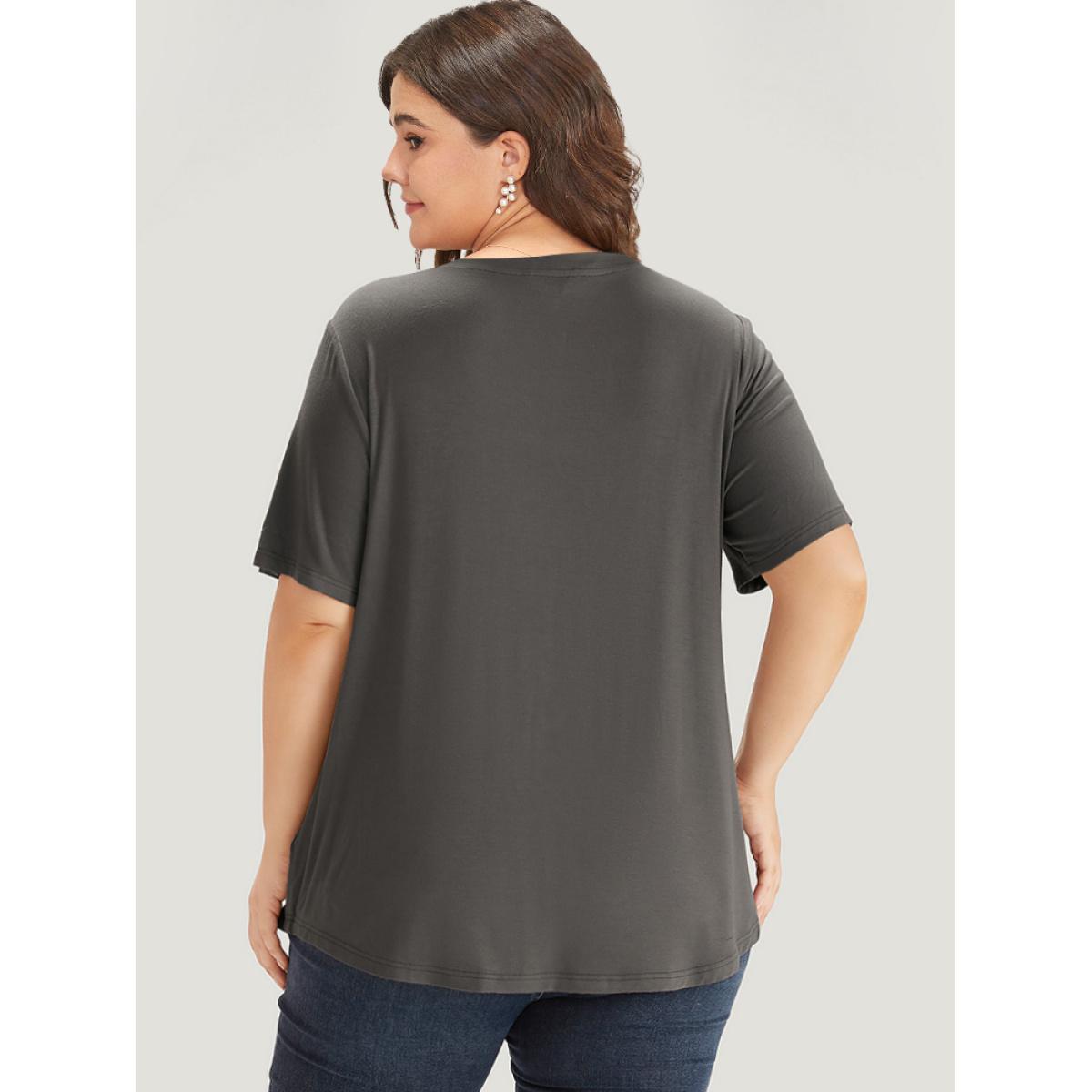 Plus Size Supersoft Essentials Floral V Neck Short Sleeve T-shirt DimGray Women Elegant Embroidered Silhouette Floral Print V-neck Dailywear T-shirts BloomChic 14-16/1X Product Image