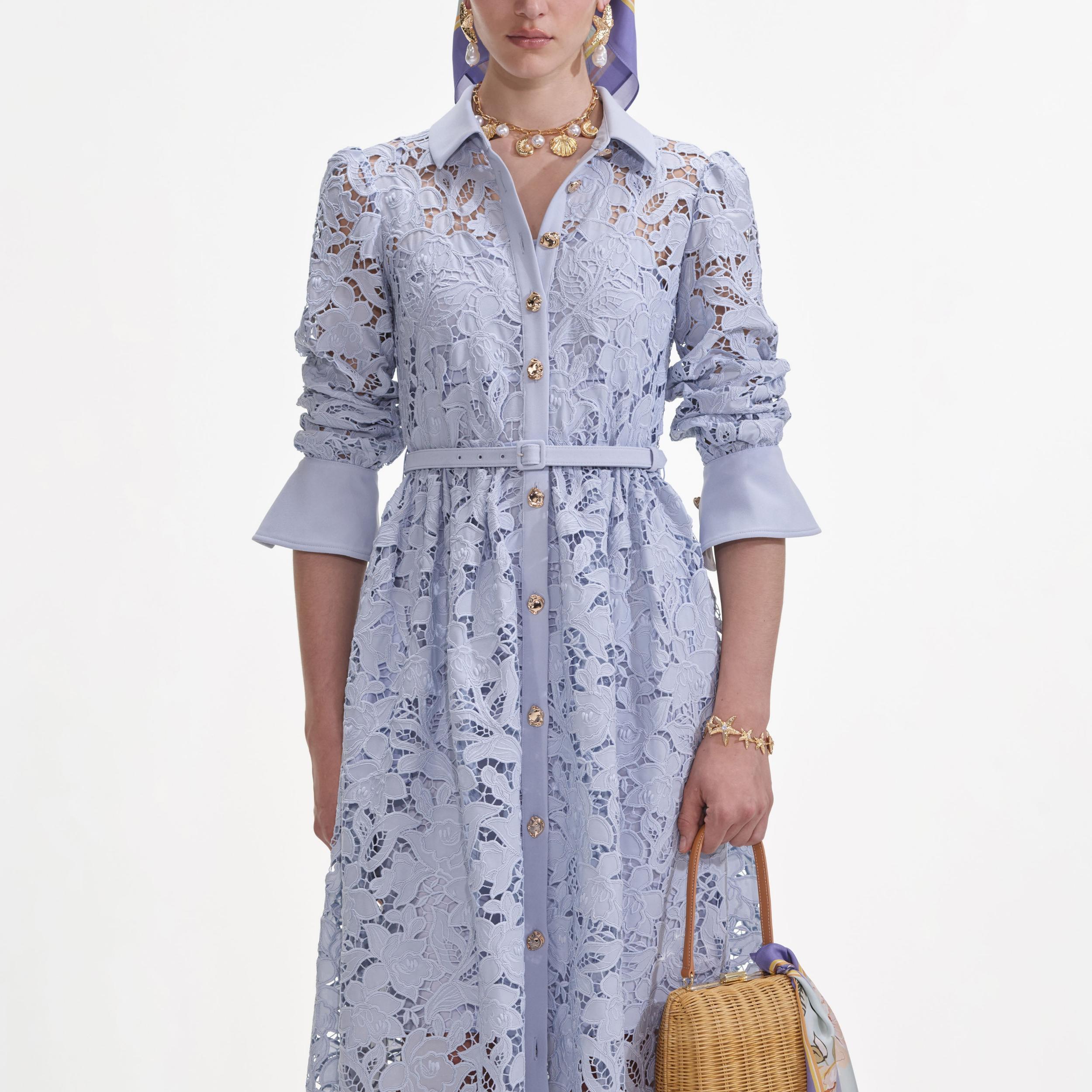 Blue Lace Collared Maxi Dress Product Image