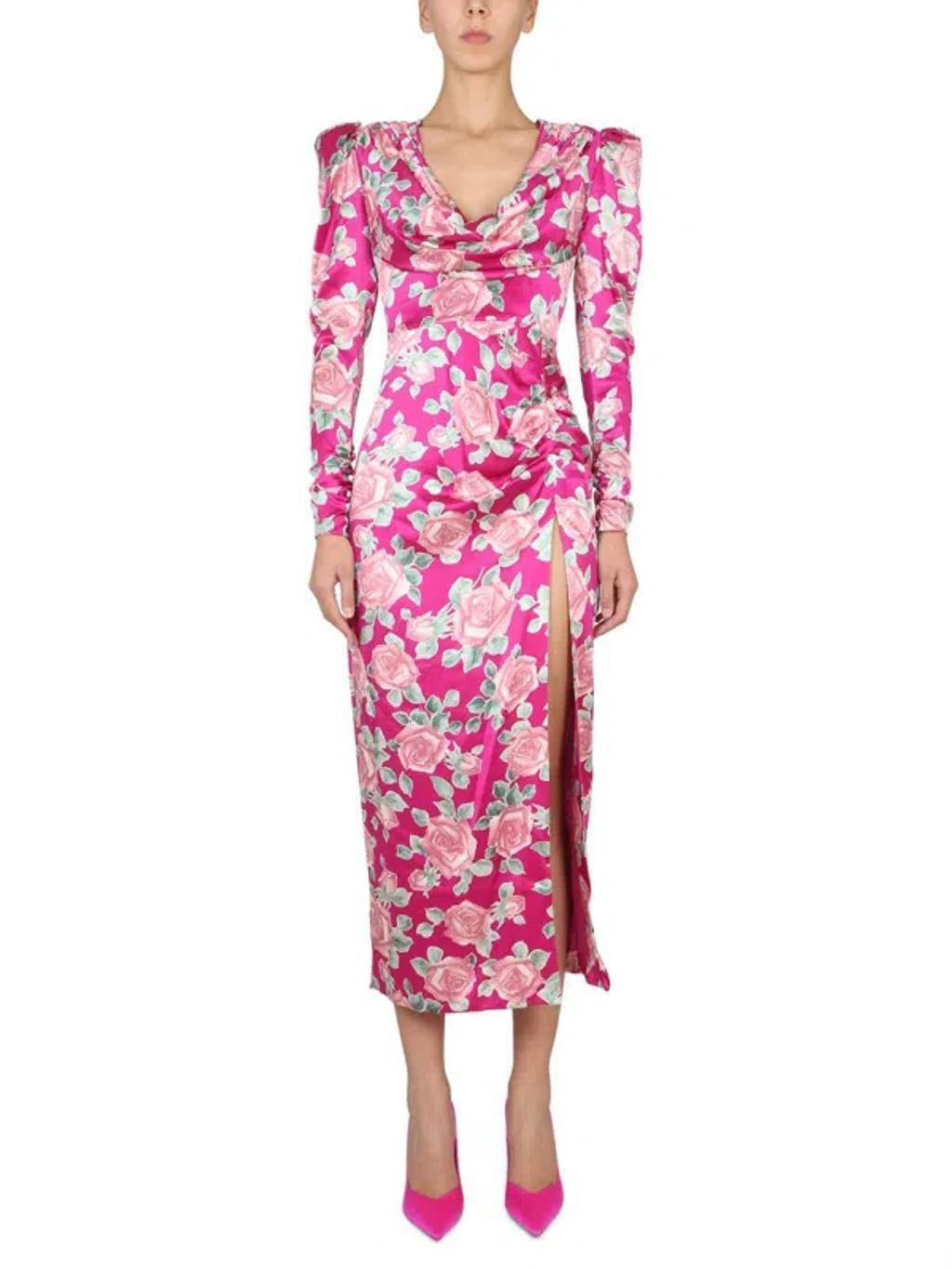 ALESSANDRA RICH Draped Floral-print Duchesse Silk-satin Midi Dress In Fuchsia Product Image