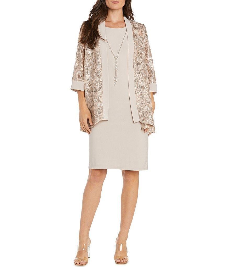 R & M Richards Crew Neck 3/4 Sleeve Embroidered Sequin 2-Piece Jacket Dress Product Image