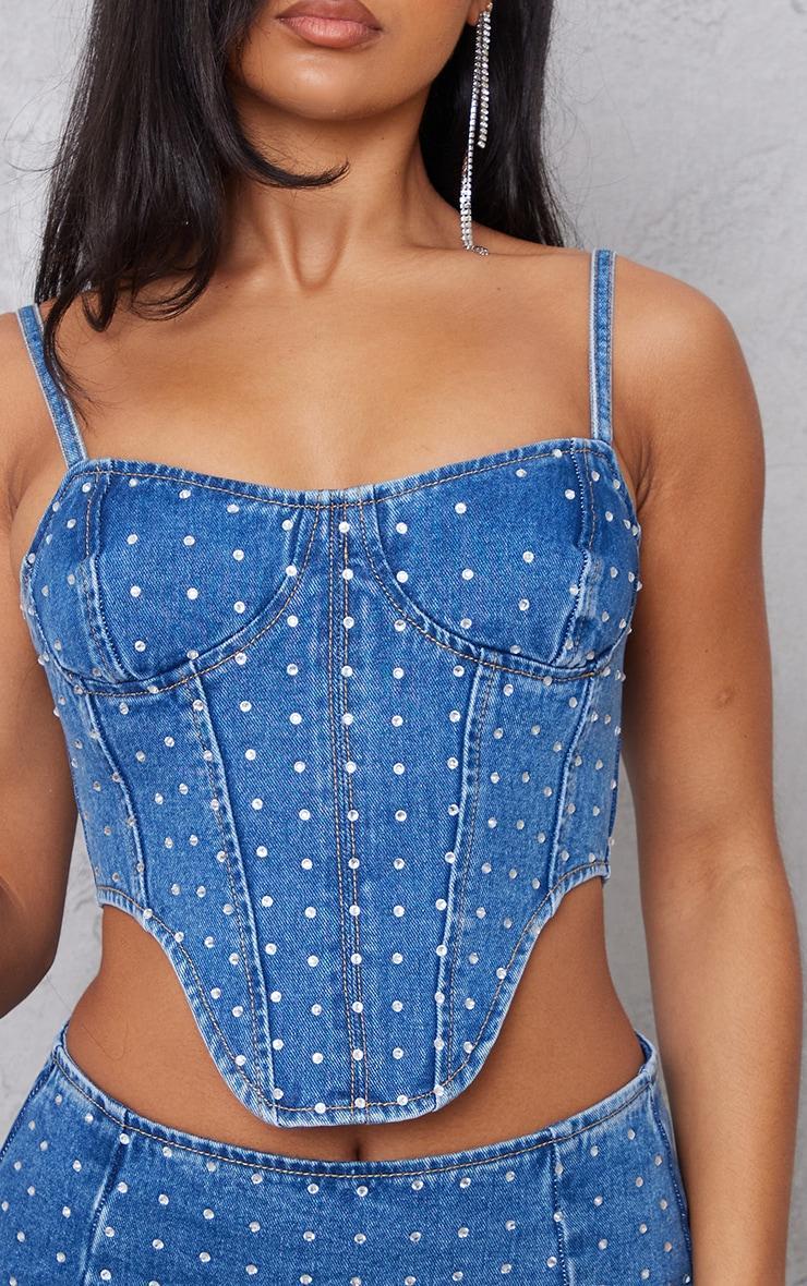 Mid Blue Wash Diamanté Detail Denim Corset Top Product Image