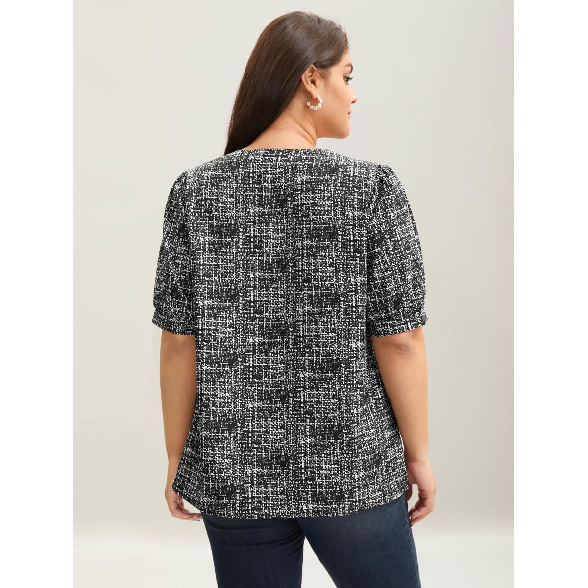 Plus Size Black Geometric Print Puff Sleeve Blouse Women Elegant Short sleeve Flat collar with V-notch Everyday Blouses BloomChic 26/4X Product Image