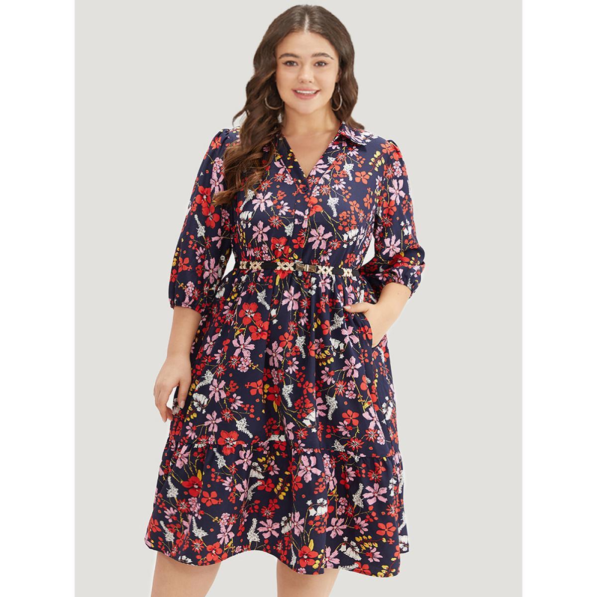 Plus Size Floral Print Shirt Collar Ruffled Hem Dress DarkBlue Women Elegant Elastic cuffs Shirt collar Elbow-length sleeve Curvy Midi Dress BloomChic 14-16/1X Product Image