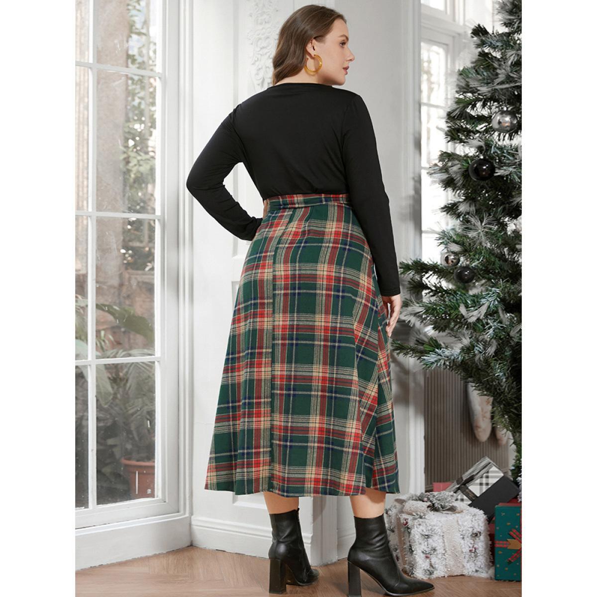 Plus Size Solid Patchwork Surplice Neck Belted Plaid Dress DarkGreen Women Elegant Patchwork V-neck Long Sleeve Curvy Midi Dress BloomChic 22-24/3X Product Image