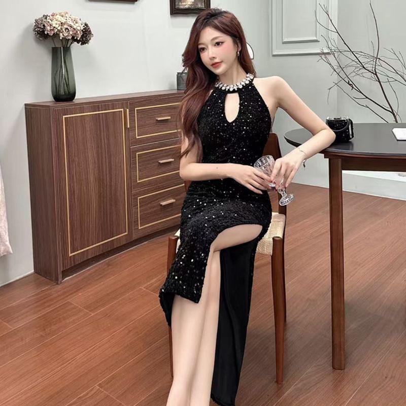 Halter Neck Rhinestone Sequin Slit Midi Bodycon Dress Product Image