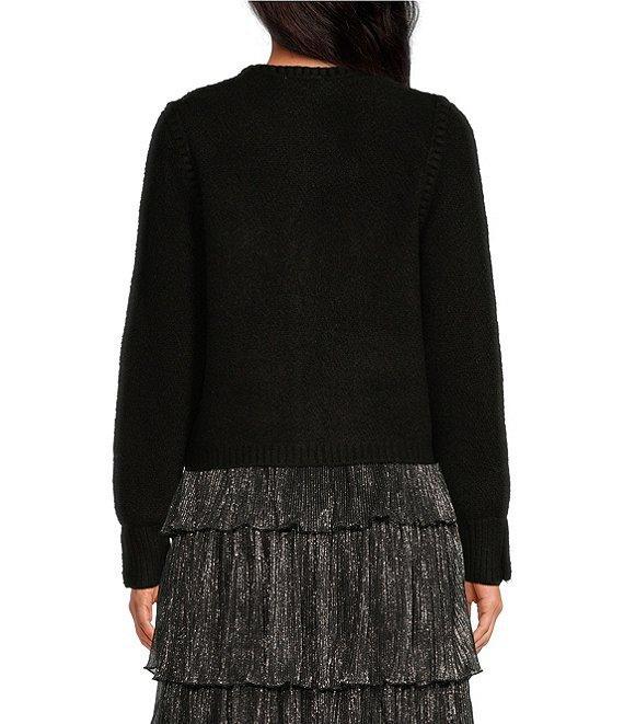 A Loves A Wool Blend Knit Crew Neck Snap Front Rhinestone Button Long Sleeve Cardigan Product Image