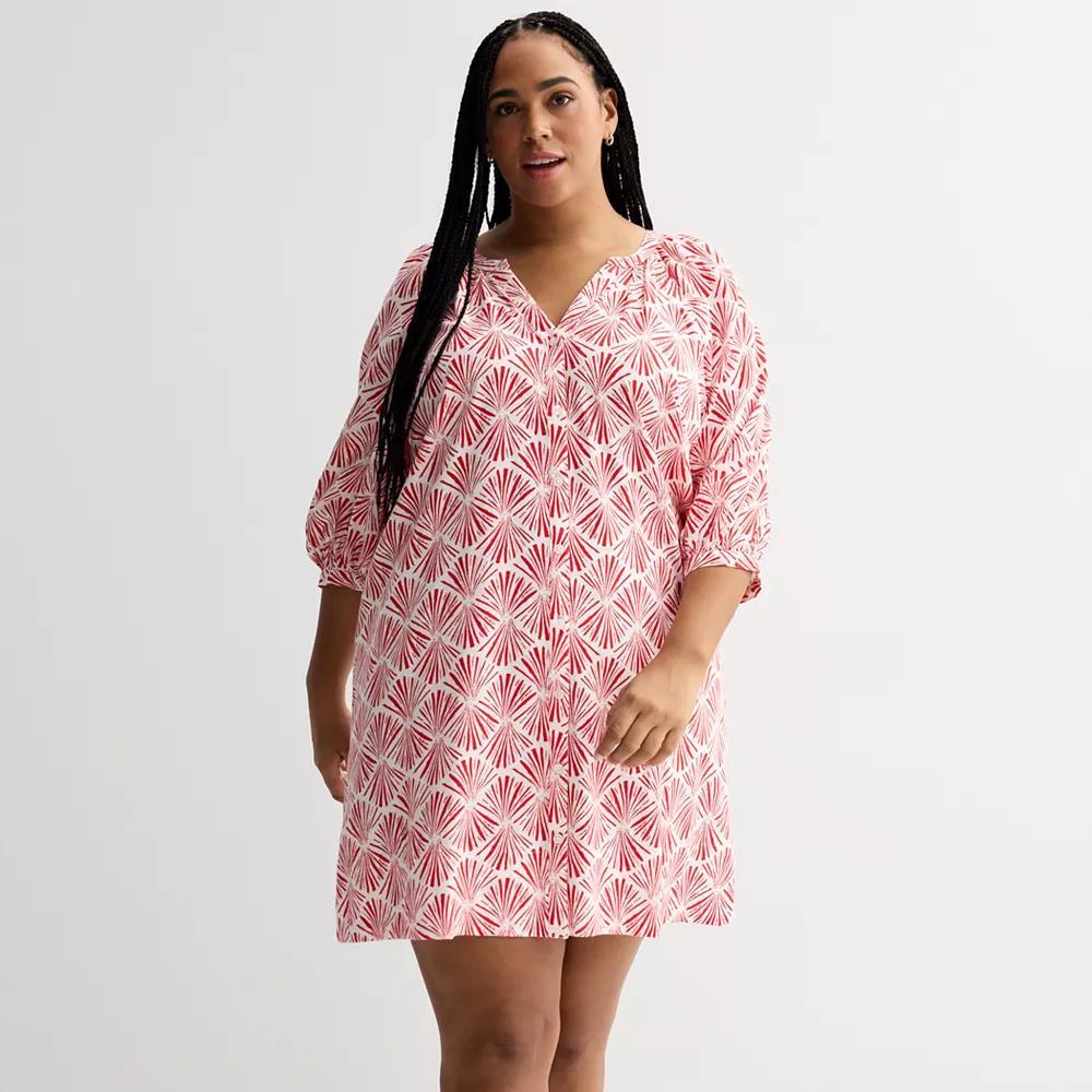 Plus Size Sonoma Goods For Life® Button Front Elbow Sleeve Shift Dress, Women's, Size: 0X, Red White Print Product Image