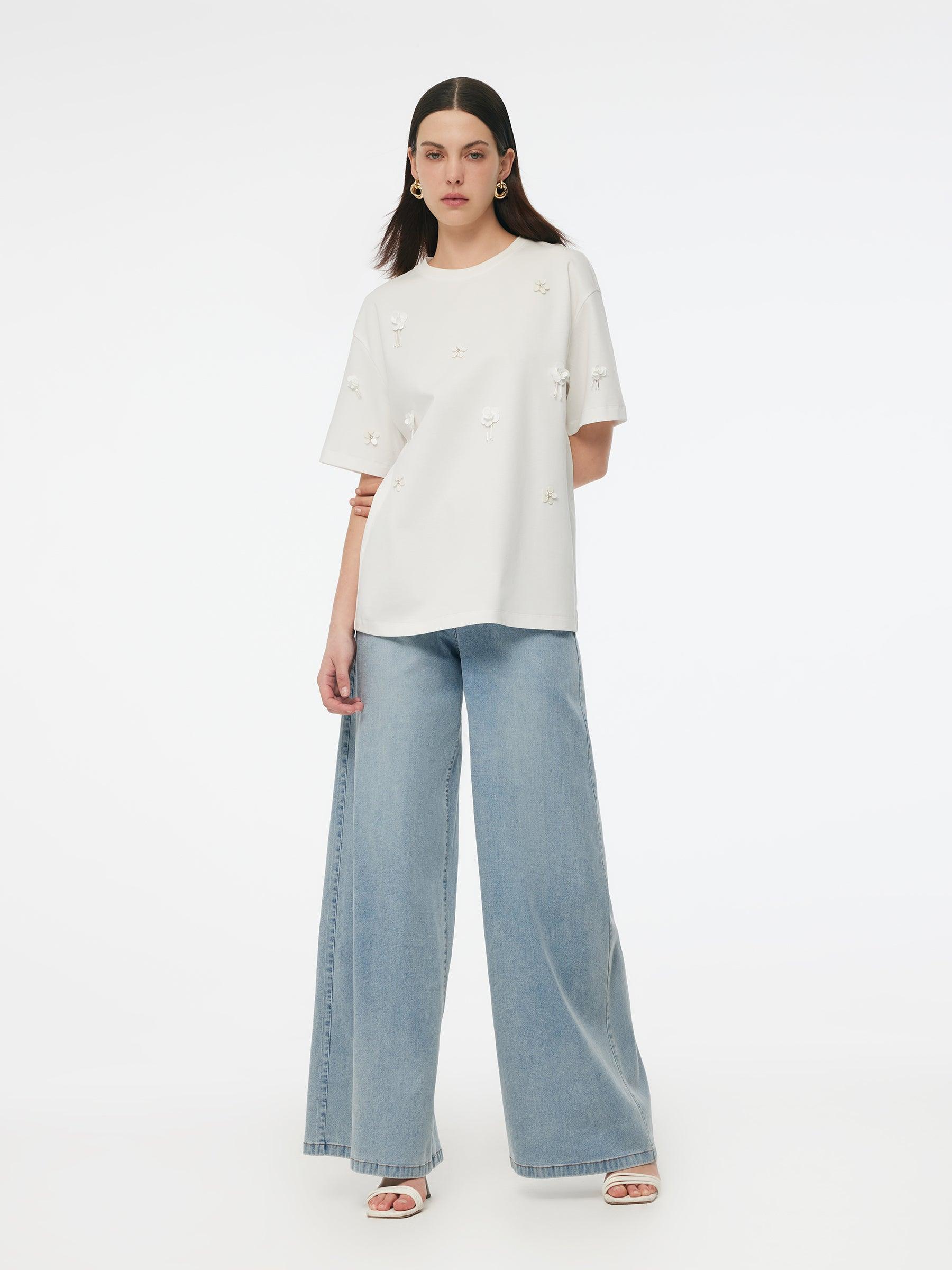 100% Cotton 3D Floral Beaded Women T-Shirt Product Image