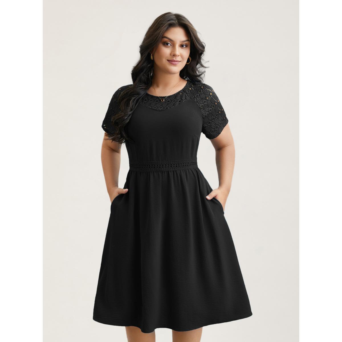 Plus Size Lace Cut-Out Raglan Sleeve Pockets Midi Dress Black Women Timeless Woven ribbon&lace trim Round Neck Short sleeve Curvy BloomChic 26/4X Product Image