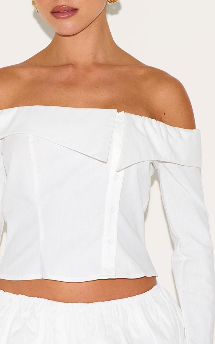 White Linen Blend Bardot Button Up Shirt Product Image