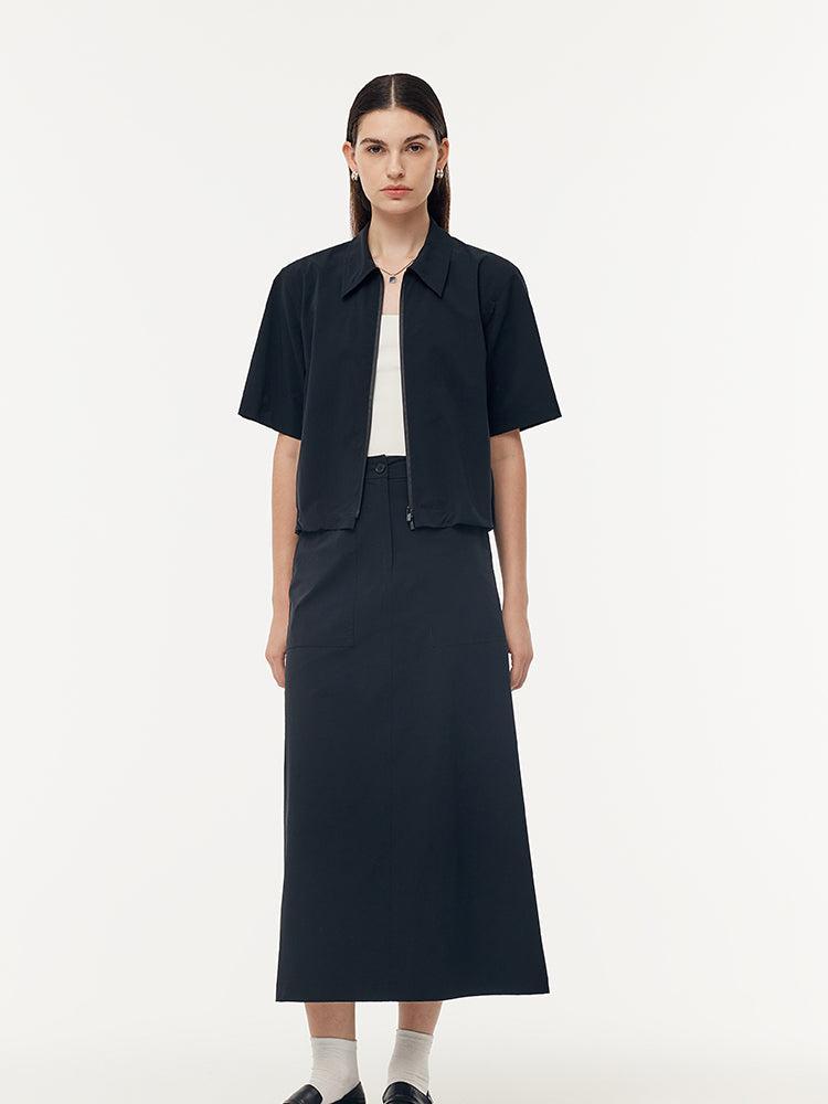 Short Sleeve Zip-Up Jacket And Adjustable Waist Skirt Two-Piece Set Product Image