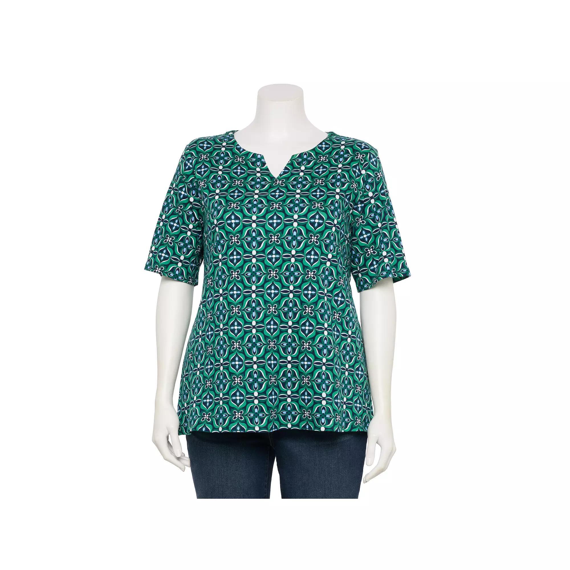 Plus Size Croft & Barrow® Elbow Sleeve Split Neck Top, Women's, Size: 3XL, Green Mod Tile Product Image
