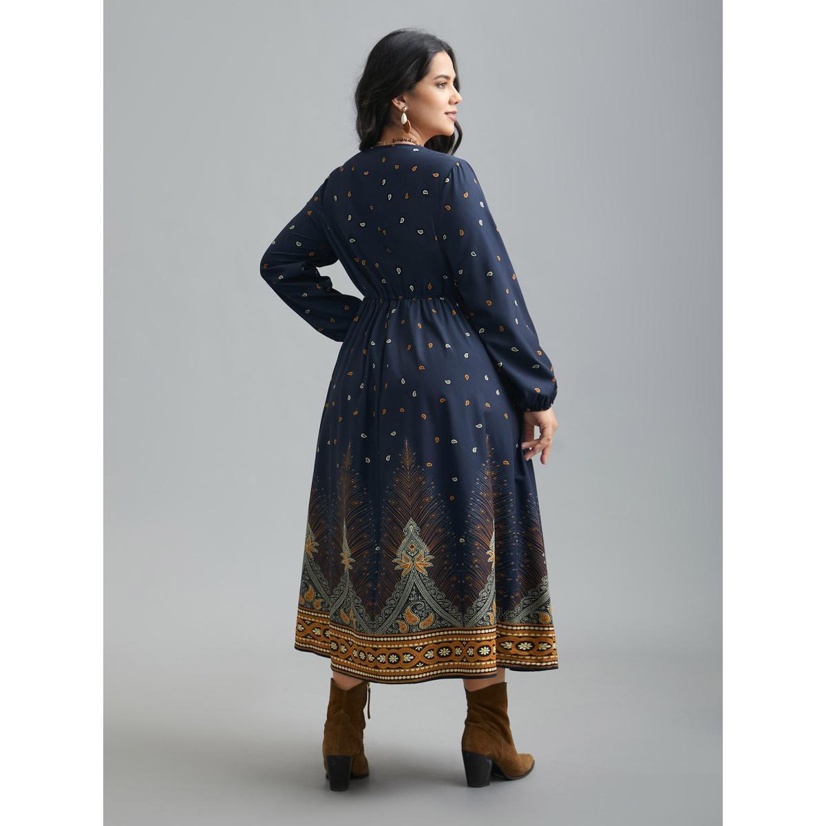 Plus Size Notched Collar Boho Print Contrast Dress Navy Women Resort Non Flat collar with V-notch Long Sleeve Curvy BloomChic 28/5X Product Image