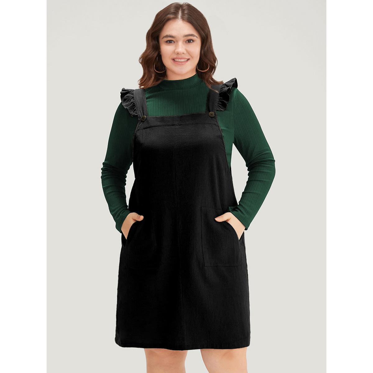 Plus Size Solid Square Neck Button Up Pocket Ruffle Trim Cami Dress Black Women Casual Plain Spaghetti Strap Sleeveless Curvy Knee Dress BloomChic 12/L Product Image