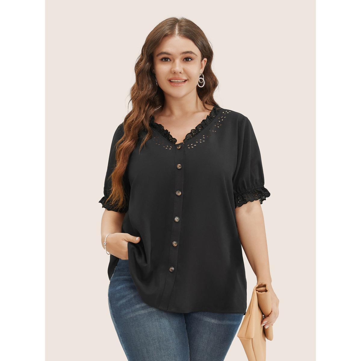 Plus Size Black Solid Lace Trim Button Up Laser Cut Puff Sleeve Blouse Women Elegant Short sleeve V-neck Everyday Blouses BloomChic 10/M Product Image