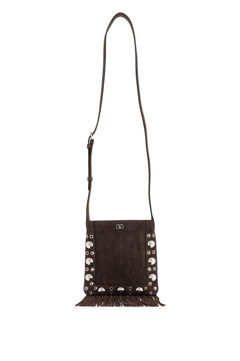 VALENTINO GARAVANI Small Suede Crossbody Bag In Dark Brown With Studs And Fringe Product Image