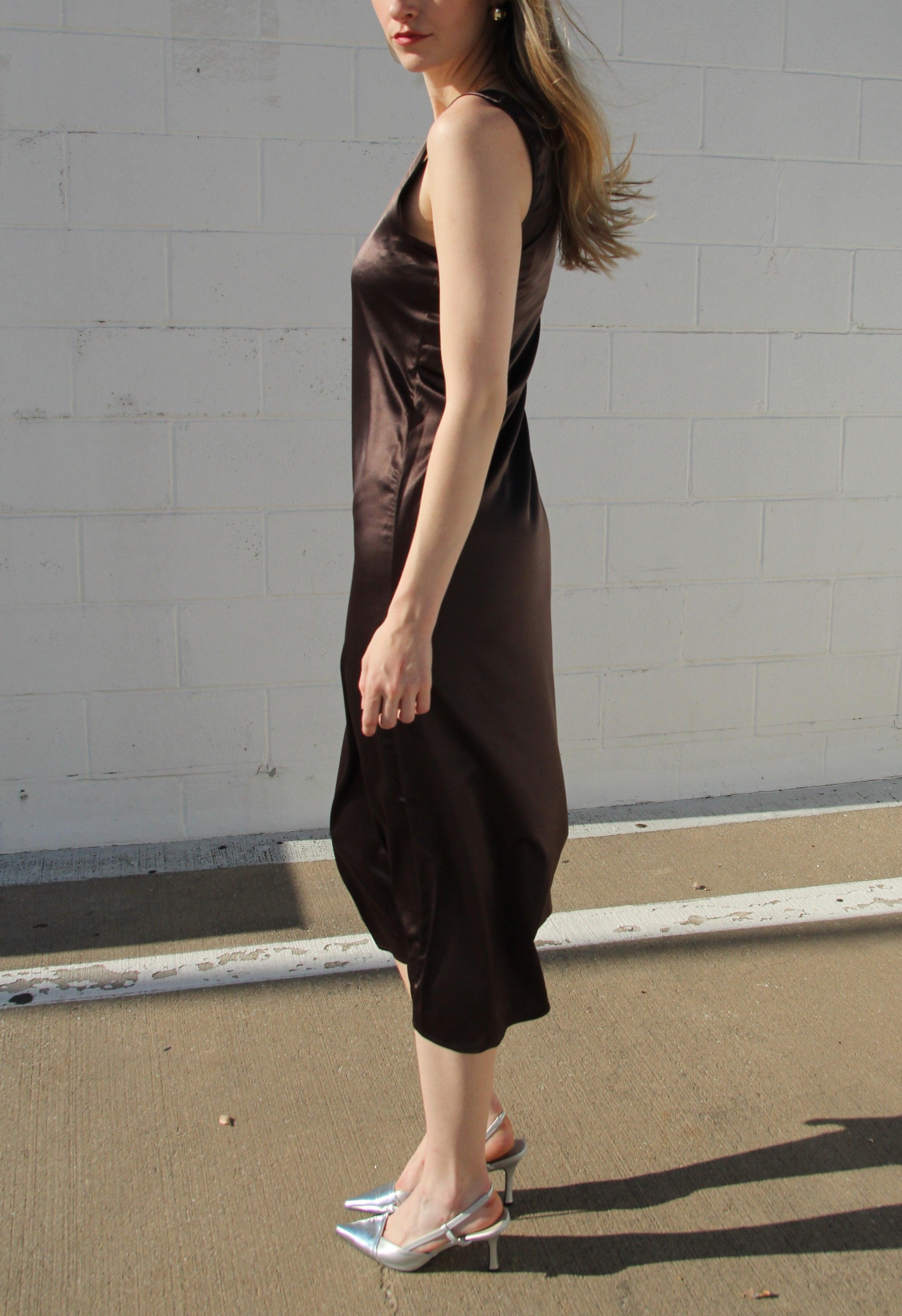 Brown Draped Satin Dress Product Image