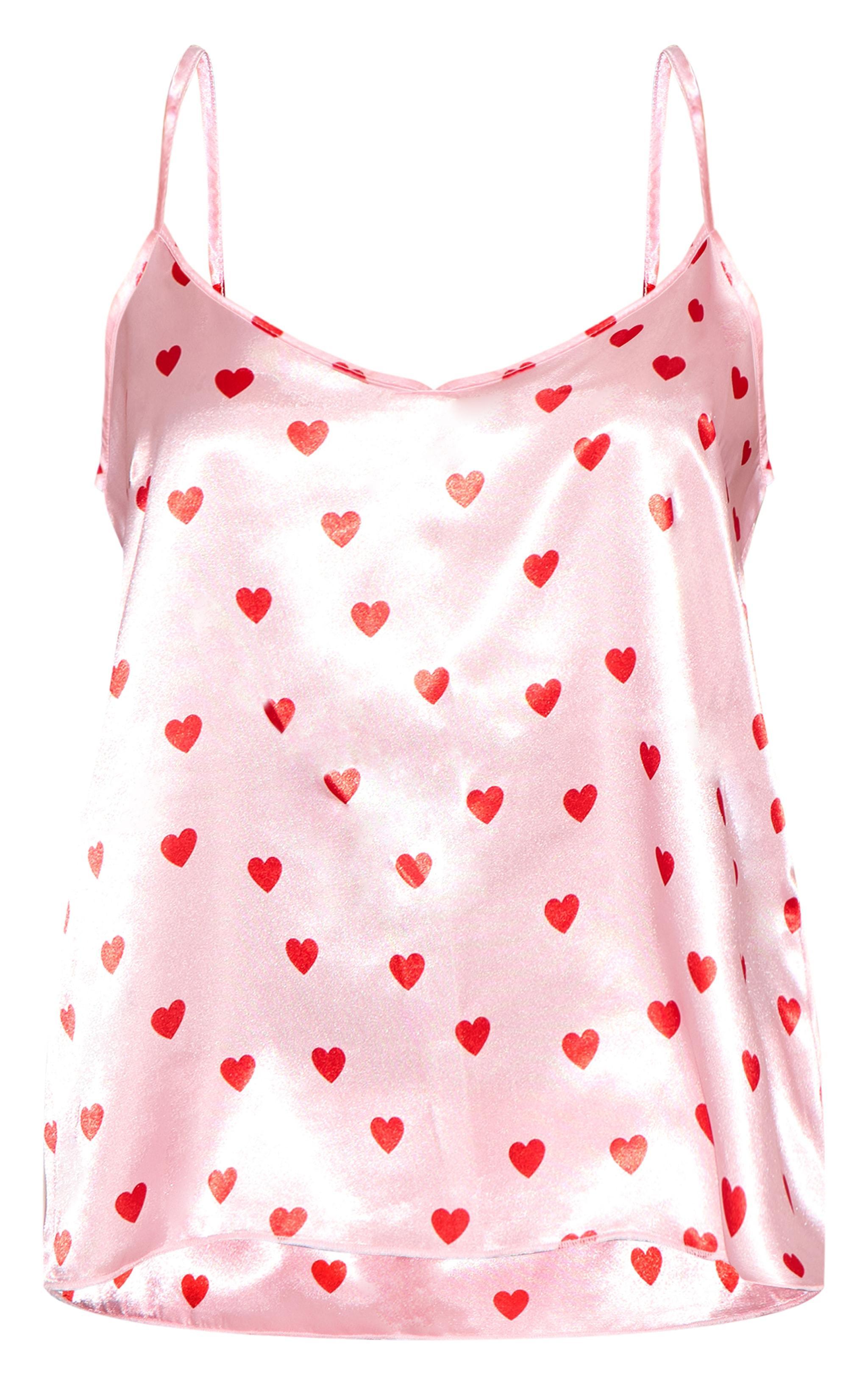 Pink Satin Heart Print Cami Pj Set Product Image