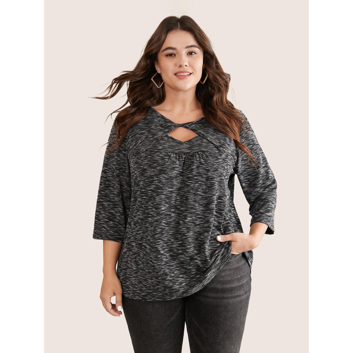 Plus Size Heather Keyhole Twist Front T-shirt Black Women Casual Heather Plain Keyhole Cut-Out Dailywear T-shirts BloomChic 12/L Product Image