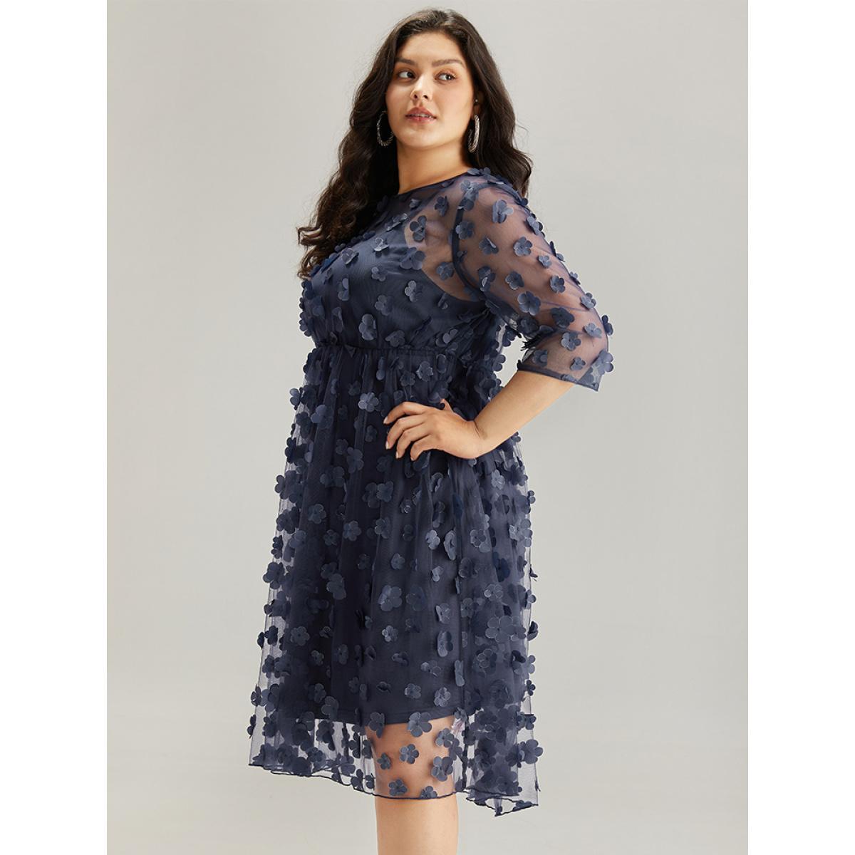 Plus Size Floral Embroidered Mesh Elastic Waist Crew Neck Dress DarkBlue Women Glamour See through Round Neck Elbow-length sleeve Curvy Knee Dress BloomChic 22-24/3X Product Image
