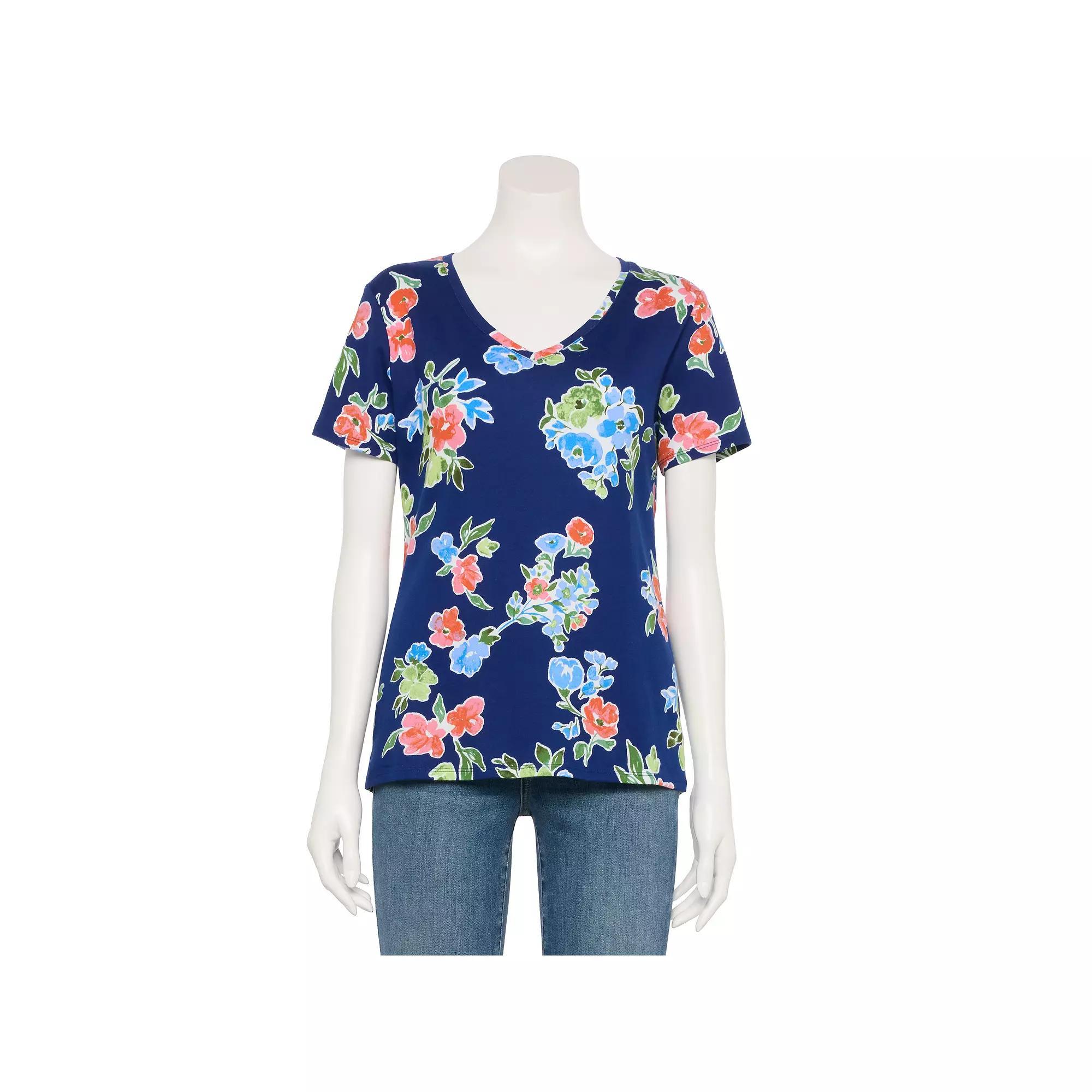 Petite Croft & Barrow® Essential V-Neck Tee, Women's, Size: XS Petite, Blue Floral Wash Product Image