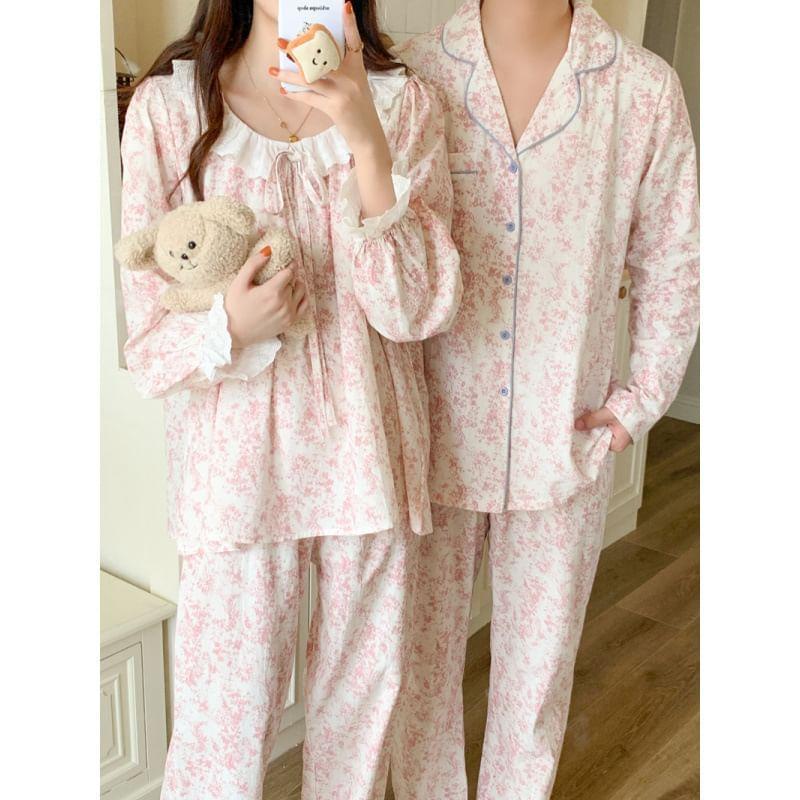 Couple Matching Pajama Set: Long-Sleeve Floral Print Top + Pants (Various Designs) Product Image