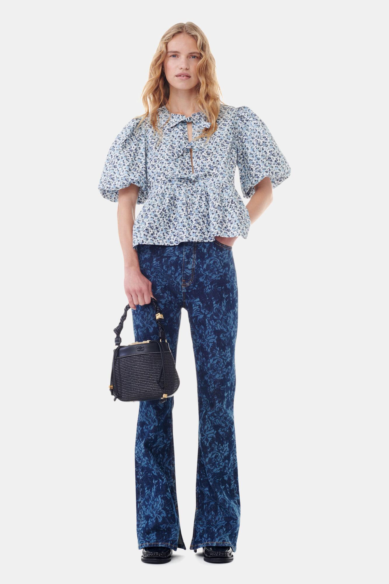 Floral Printed Cotton Poplin Peplum Blouse Product Image