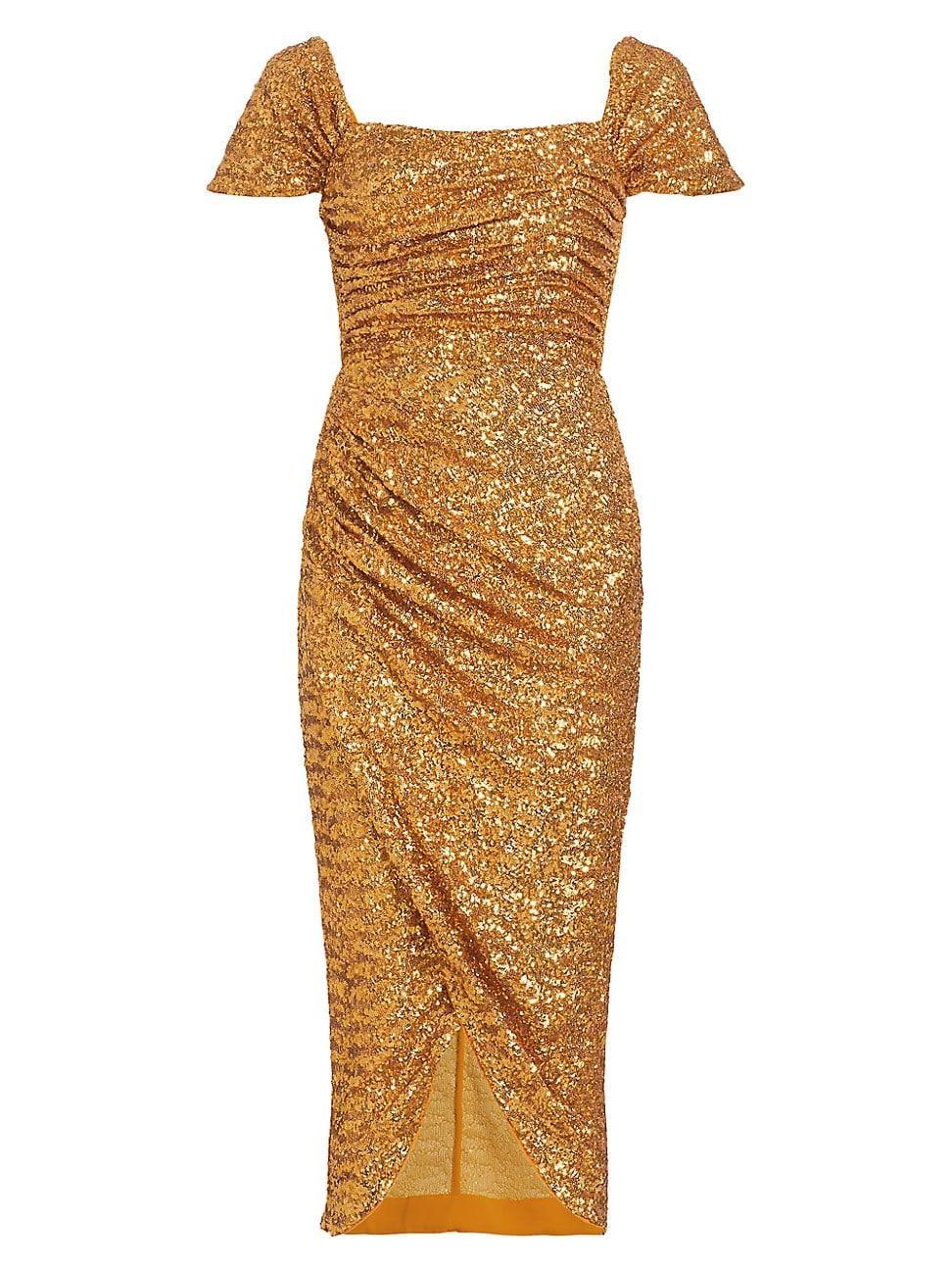 Off-Shoulder Ruched Sequin Midi Dress Product Image