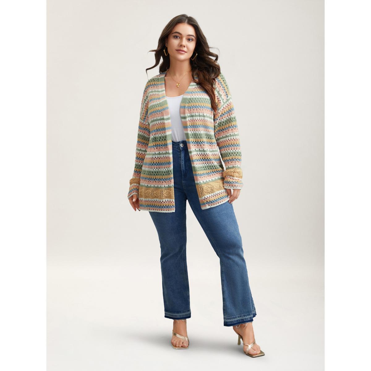 Plus Size Striped Color Contrast Cut-Out Cardigan Multicolor Women Casual Loose Long Sleeve Everyday Cardigans BloomChic 18-20/2X Product Image