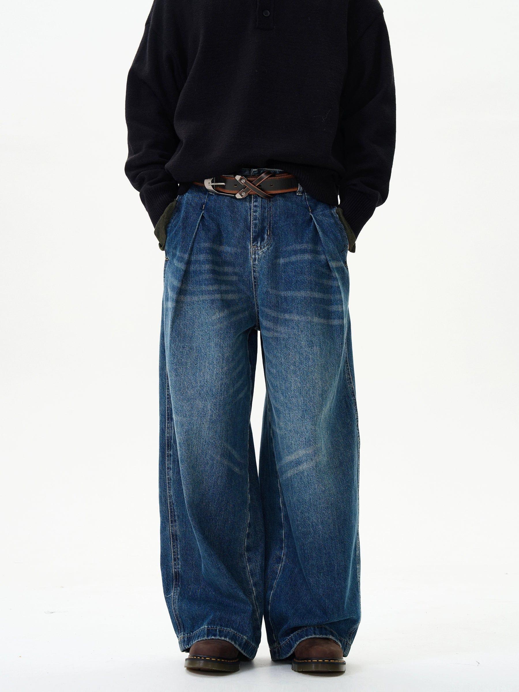 RT No. 12079 PLEATED FOLDED BLUE BAGGY STRAIGHT JEANS Product Image