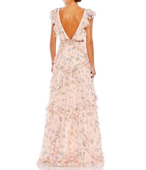 Mac Duggal Floral Print Tiered Ruffle Hem Deep V-Neck Sleeveless Embellished Waist Open Back Gown Product Image
