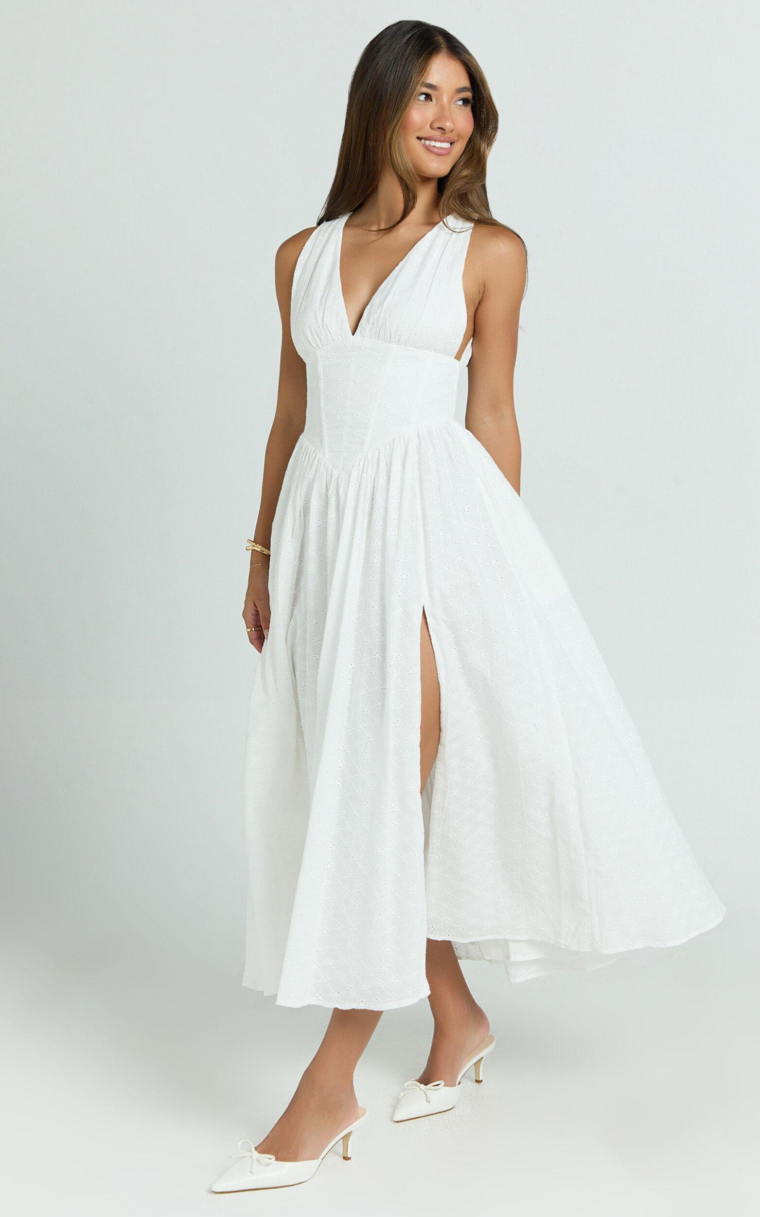 Lainey Midi Dress - Embroidered V Neck Corset Drop Waist Fit And Flare Dress in White Product Image