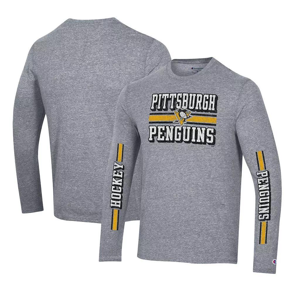 Men's Champion Heather Gray Pittsburgh Penguins Tri-Blend Dual-Stripe Long Sleeve T-Shirt,  Product Image