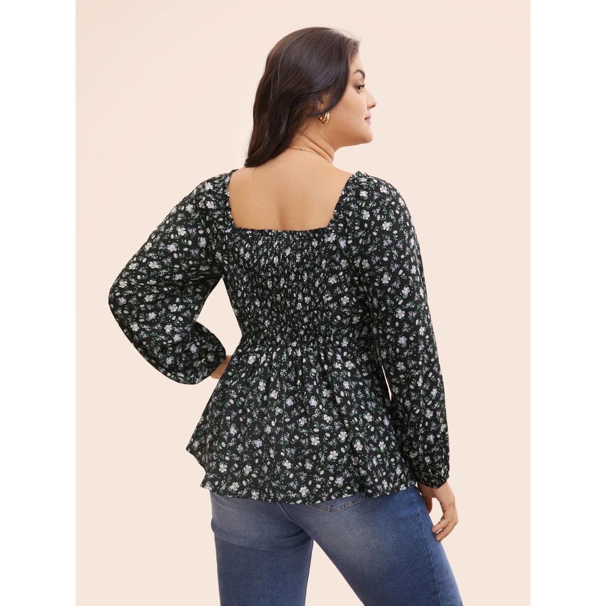 Plus Size Black Heart Neckline Ditsy Floral Shirred Blouse Women Elegant Long Sleeve Heart neckline Everyday Blouses BloomChic 28/5X Product Image