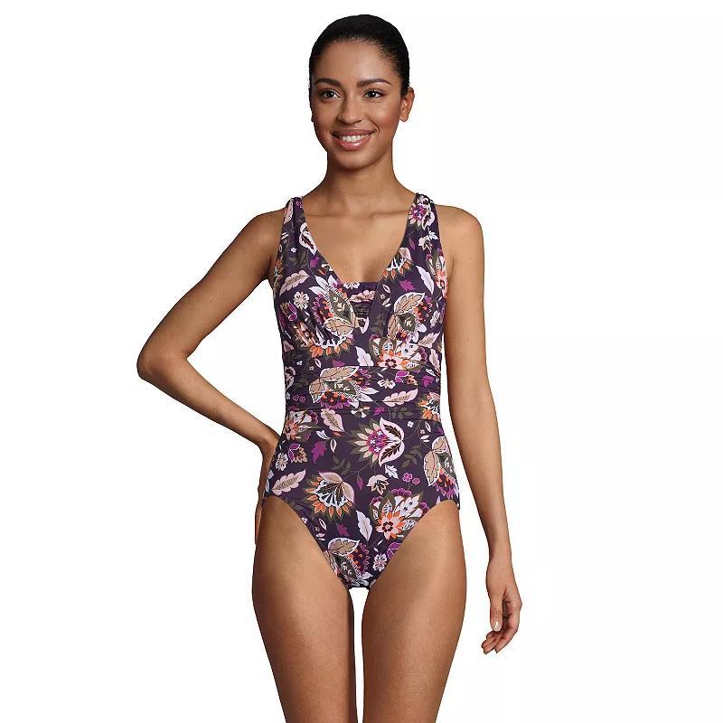 Womens Lands End DD-Cup Slender Grecian Tummy Control Print UPF 50 One-Piece Swimsuit Purple Navy Ombre Product Image