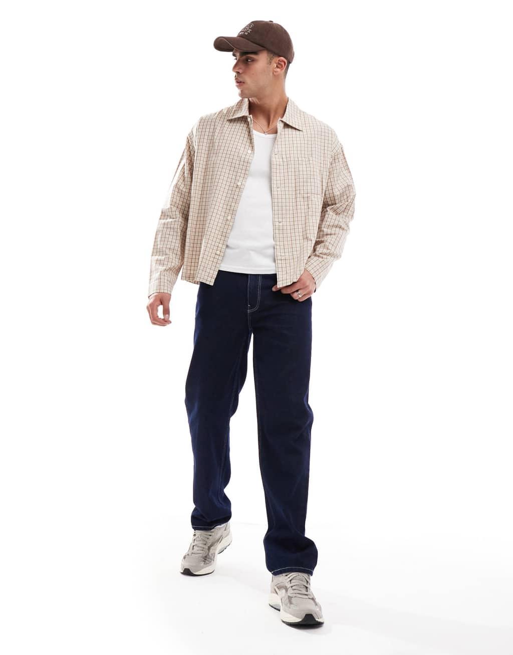 Jack & Jones cropped oversize shirt in neutral check Product Image