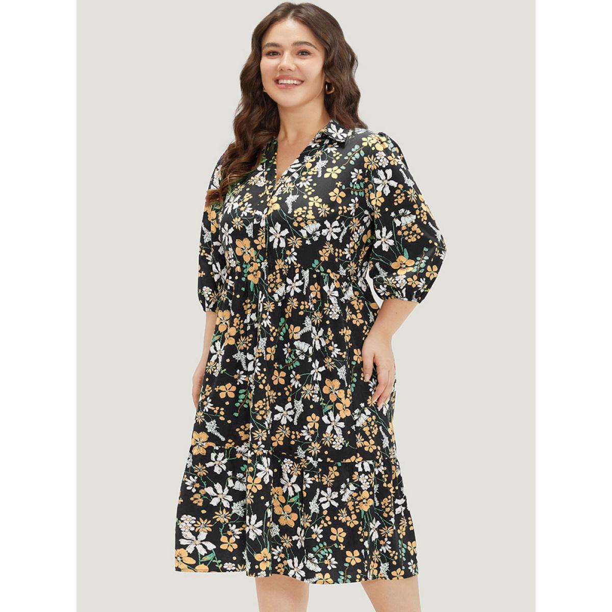 Plus Size Floral Print Shirt Collar Ruffled Hem Dress Black Women Elegant Elastic cuffs Shirt collar Elbow-length sleeve Curvy Midi Dress BloomChic 22-24/3X Product Image