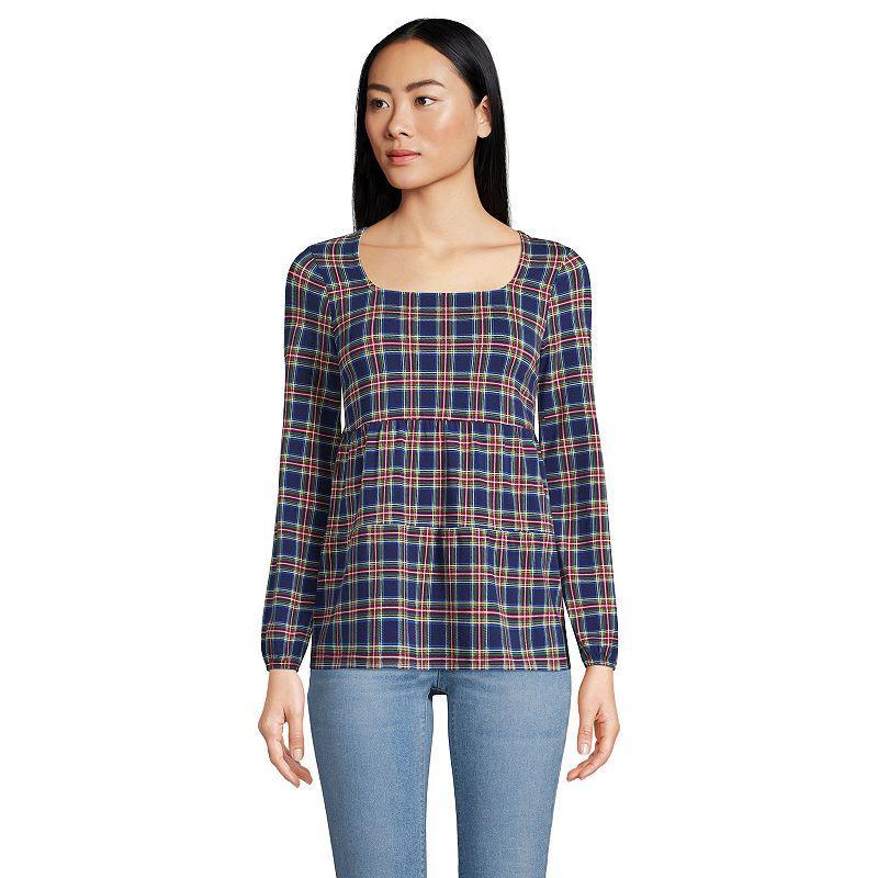 Women's Lands' End Squareneck Tiered Top, Size: Large, Blue Highland Plaid Product Image