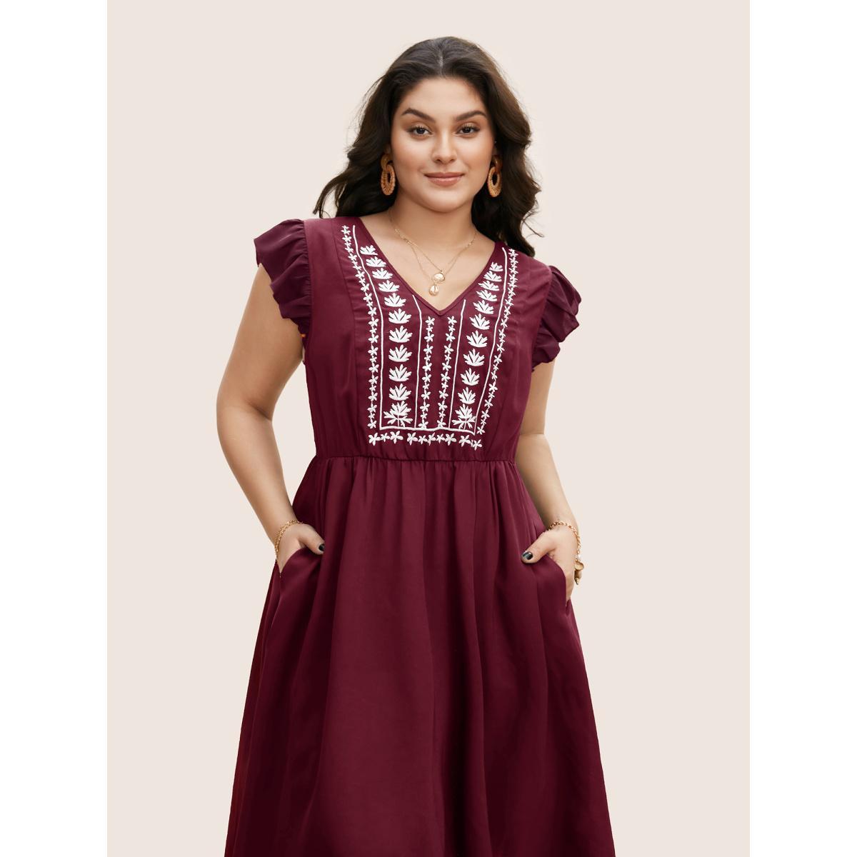 Plus Size Floral Embroidered V Neck Ruffle Cap Sleeve Dress RedViolet Women Boho Embroidered V-neck Cap Sleeve Curvy BloomChic 14-16/1X Product Image