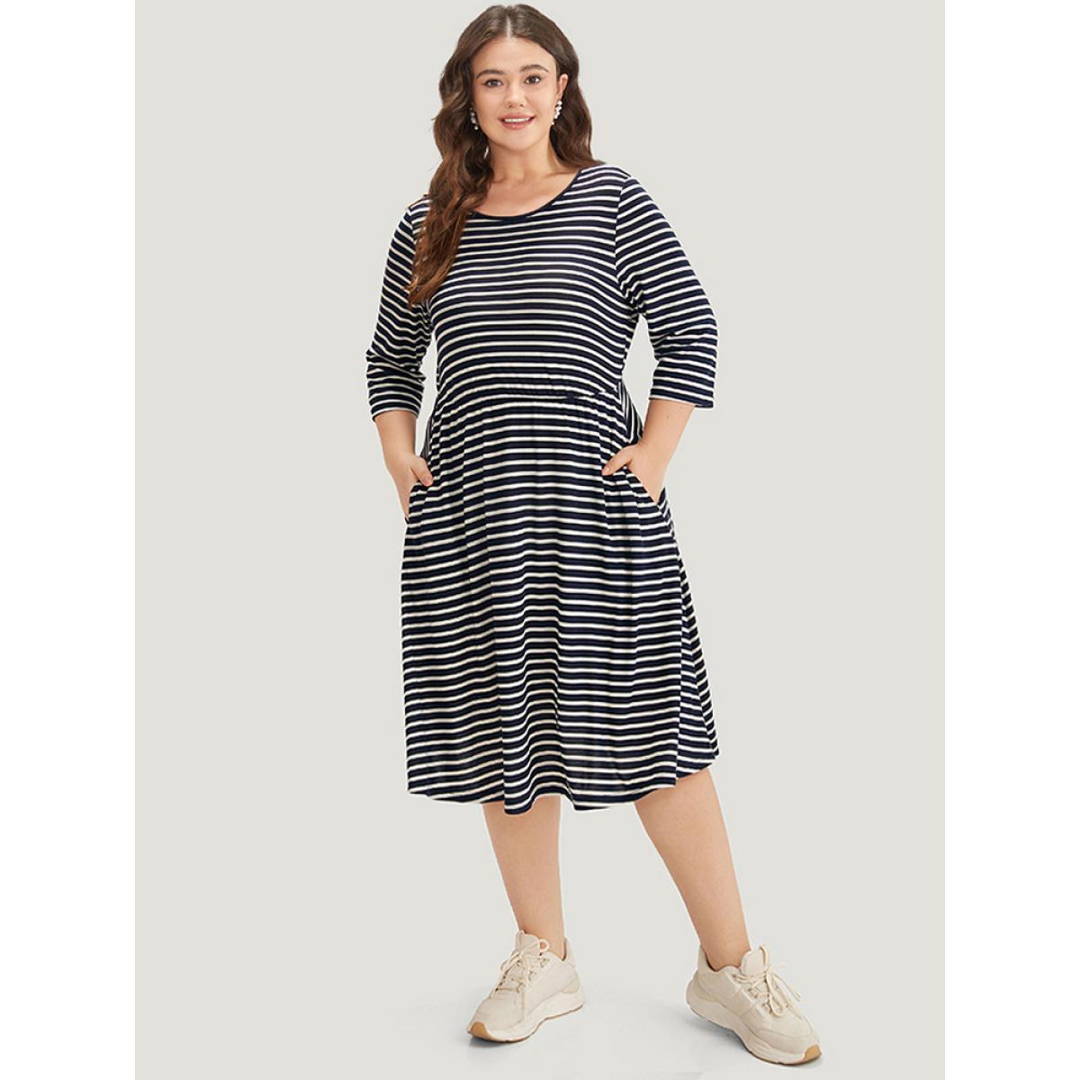 Plus Size Striped Crew Neck Pocket Twist Back Dress Indigo Women Casual Elastic Waist Round Neck Elbow-length sleeve Curvy Midi Dress BloomChic 12/L Product Image