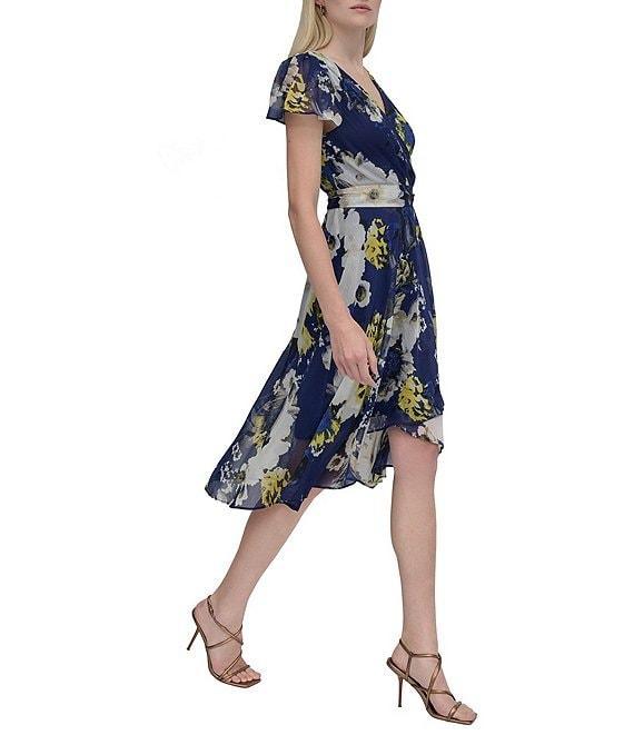 DKNY by Donna Karan Woven Floral Print V Neck Short Sleeve Faux Wrap Fit and Flare Dress Product Image