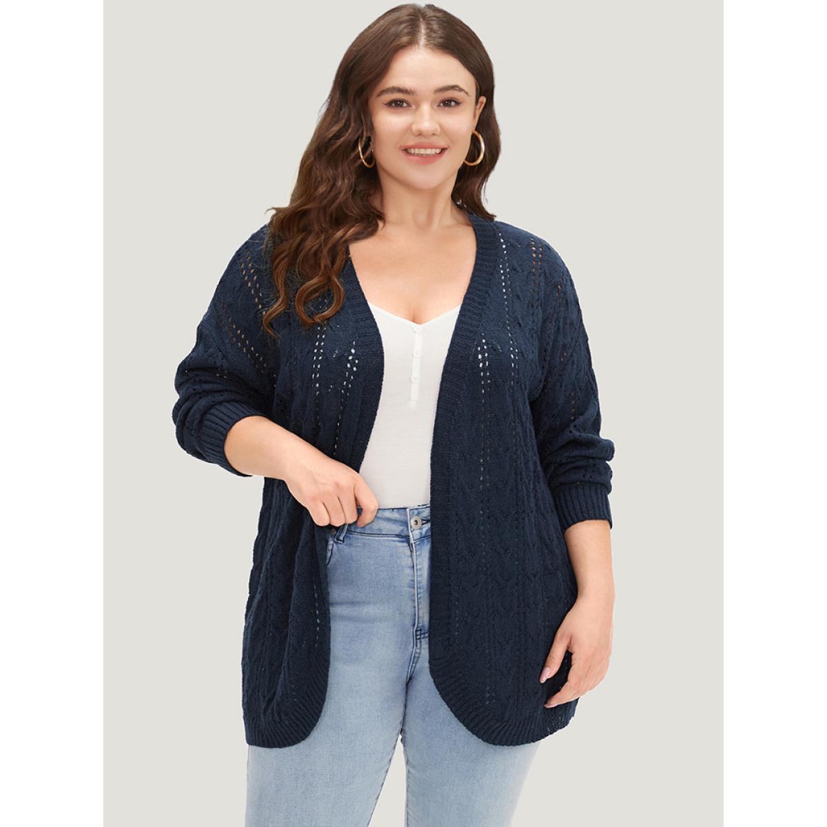 Plus Size Plain Eyelet Curved Hem Drop Shoulder Cardigan Indigo Women Casual Loose Long Sleeve Everyday Cardigans BloomChic 14-16/1X Product Image
